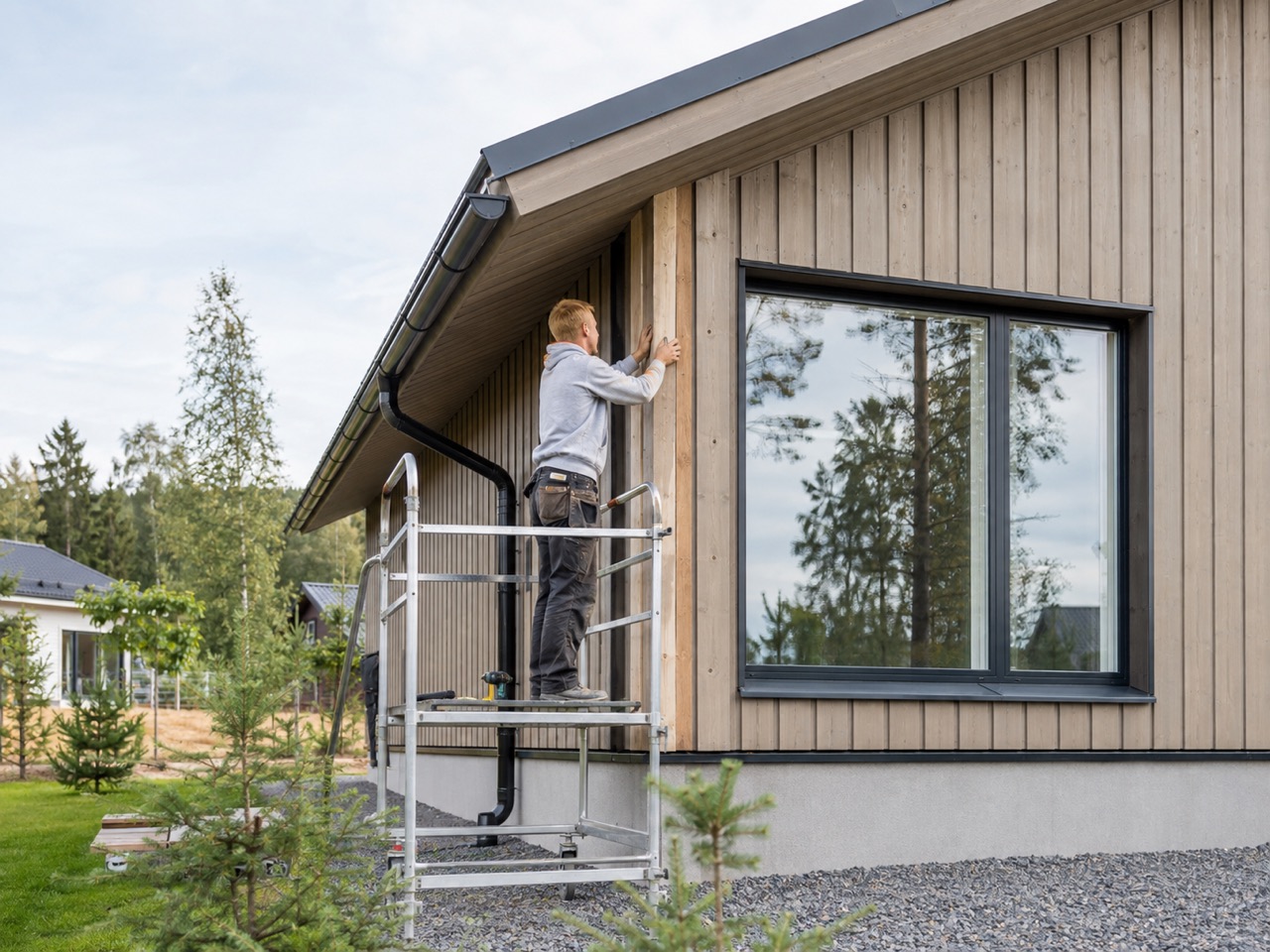 Pientalon ulkoverhouksen asennustyö käynnissä telineeltä